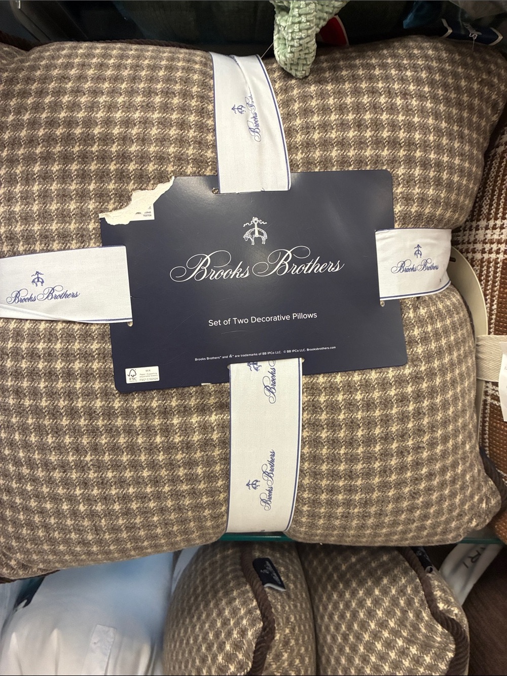 Brooks Brothers Brown Houndstooth Decorative Pillow Pair